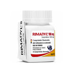 Frasco de Rimadyl Anti-inflamatorio 100 mg para perros, comprimidos masticables con carprofeno de uso veterinario.