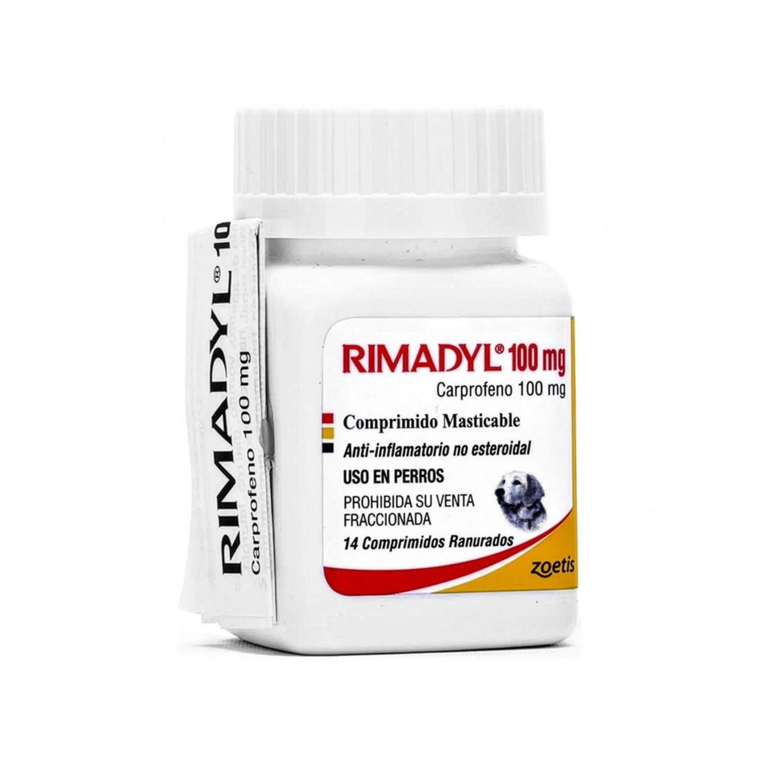 Frasco de Rimadyl Anti-inflamatorio 100 mg para perros, comprimidos masticables con carprofeno de uso veterinario.