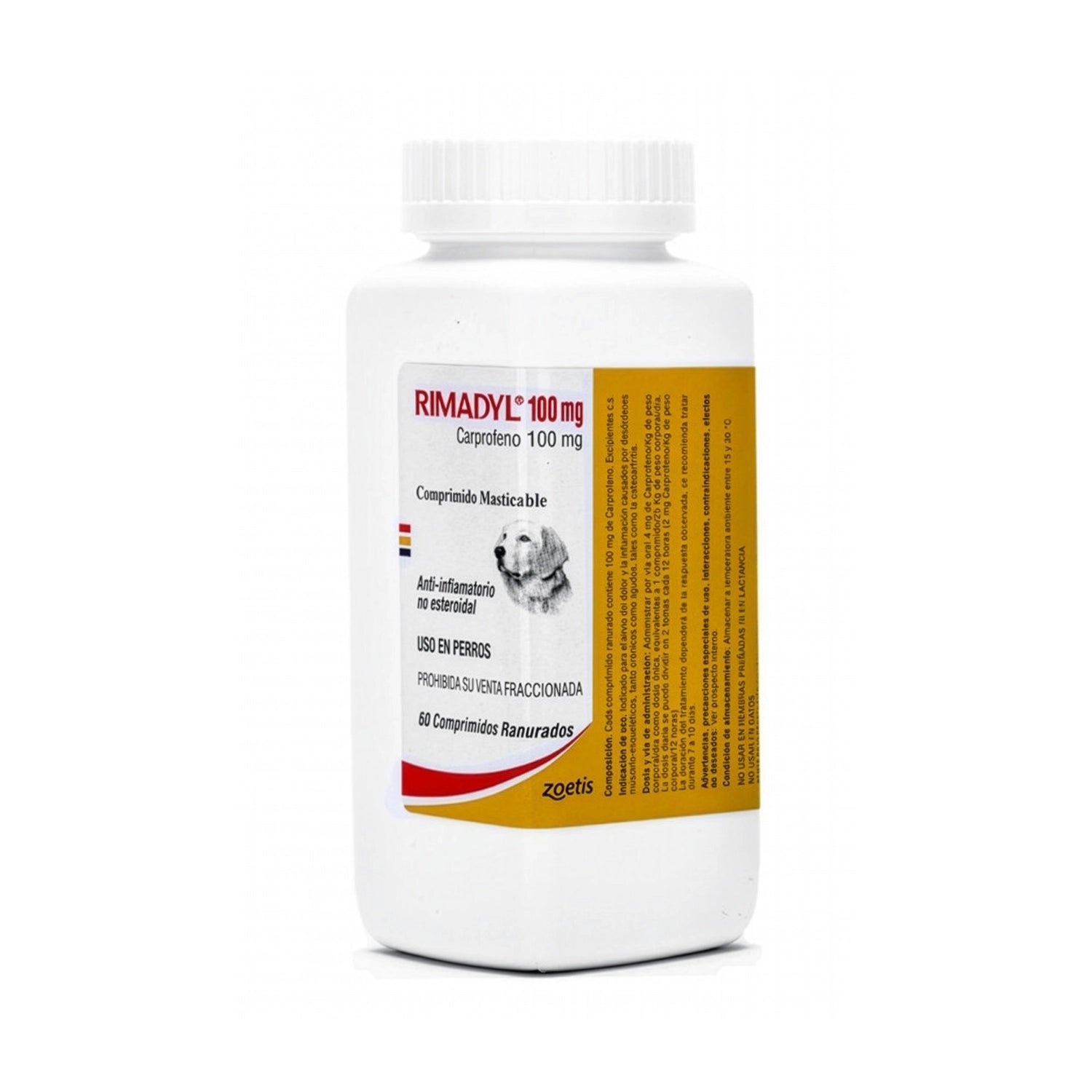 Frasco de Rimadyl Anti-inflamatorio 100 mg para perros, comprimidos masticables con carprofeno de uso veterinario.