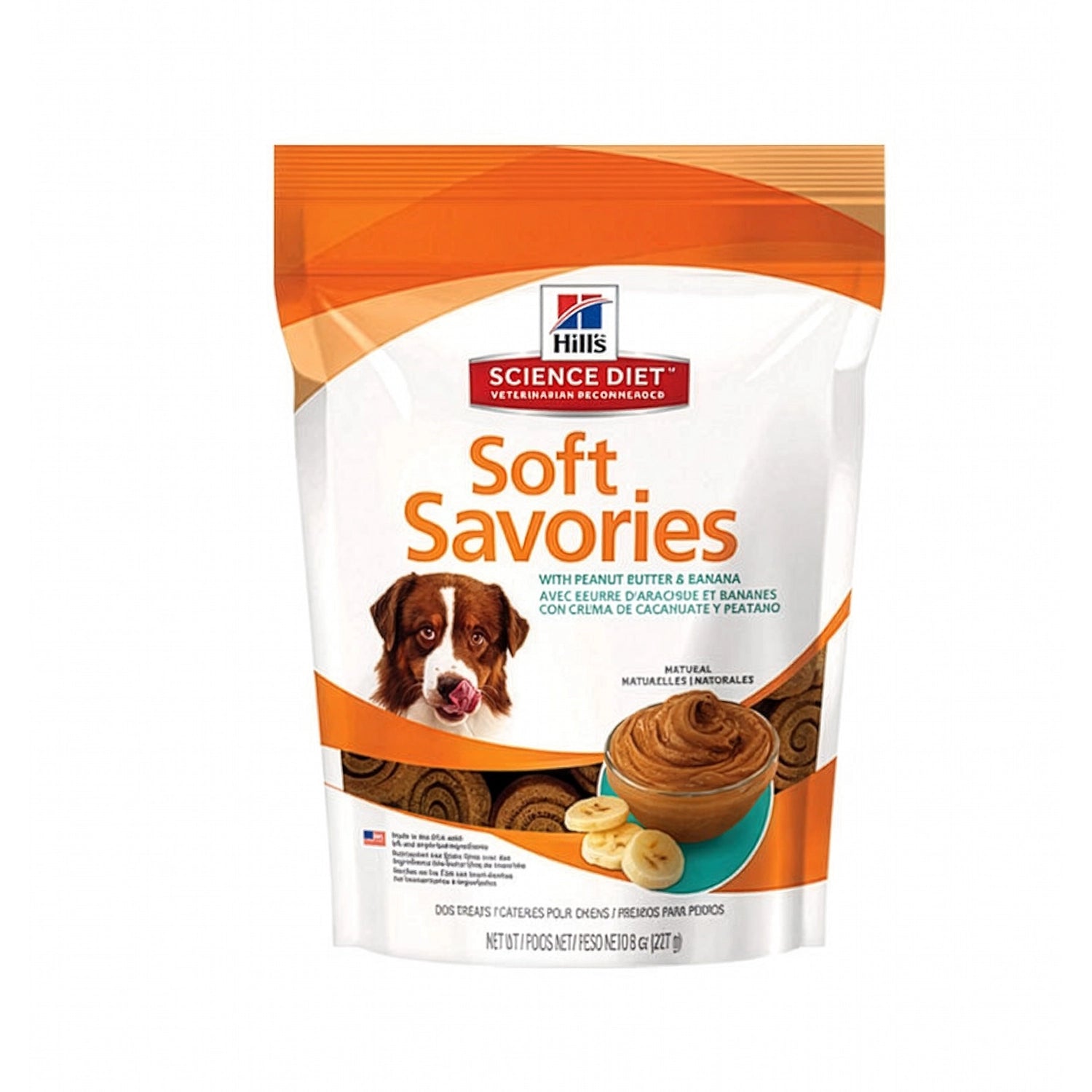 Hill's Snacks de Maní y Banana para Perros en bolsa con premios blandos, mantequilla de maní, banana e imagen de un perro.