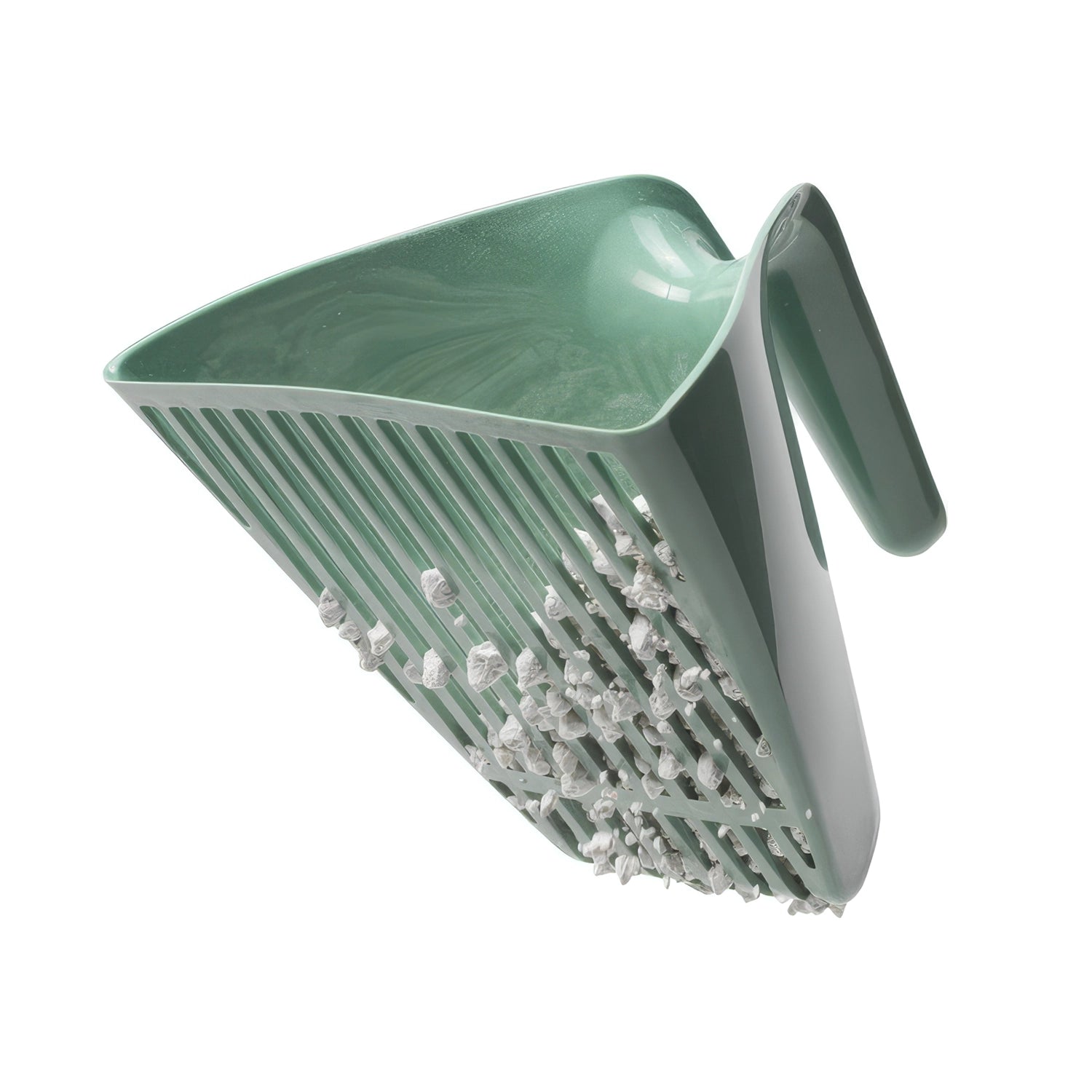 Pala Scoop & Sift Moderna color verde con diseño profundo y rejilla filtrante, ideal para retirar residuos del arenero.