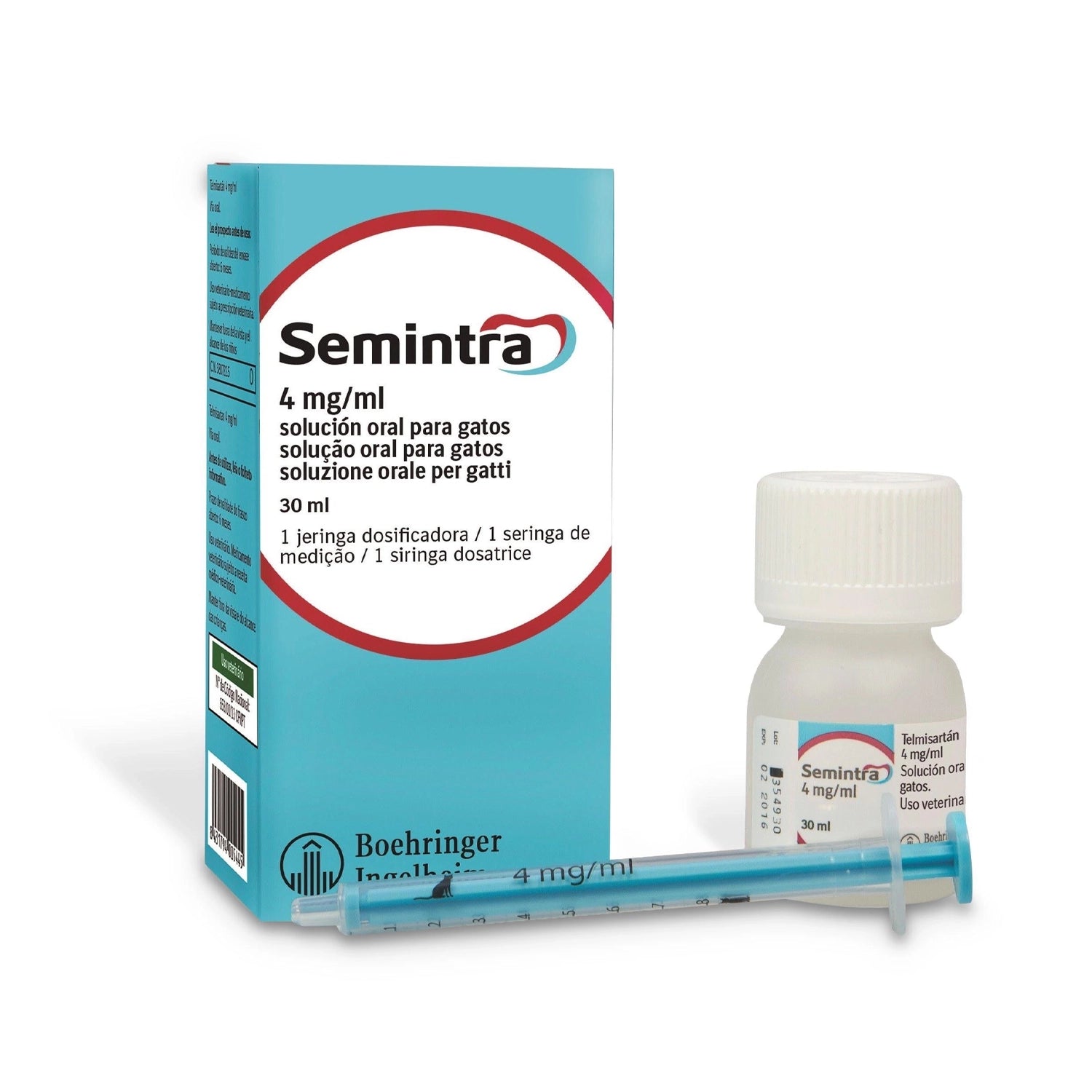 Semintra 4mg/mL Solución Oral Gatos con frasco de 30 ml, caja informativa y jeringa dosificadora para administración oral.