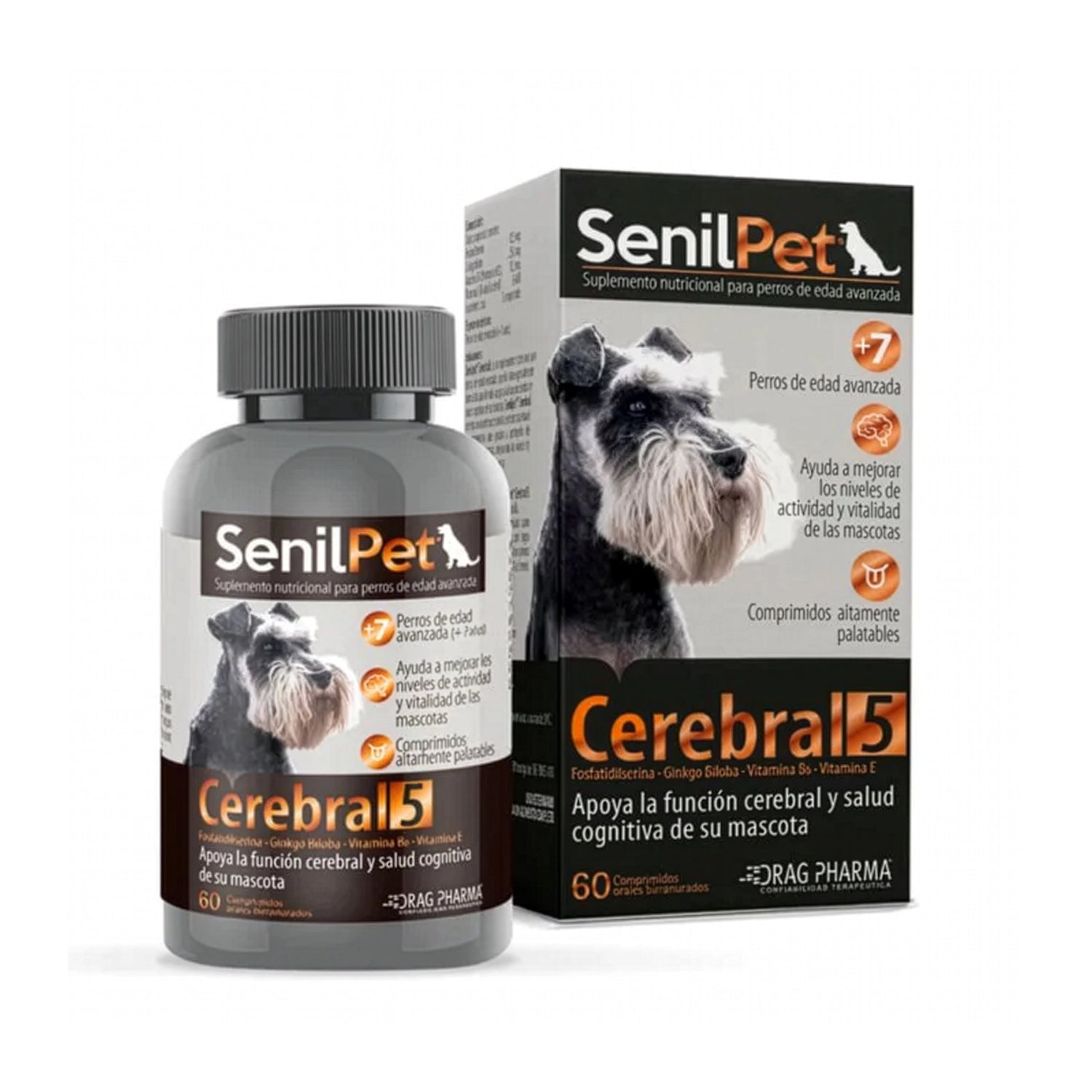 Senilpet Cerebral 5 Razas pequeñas con frasco y caja para apoyo cognitivo en perros senior de raza pequeña.