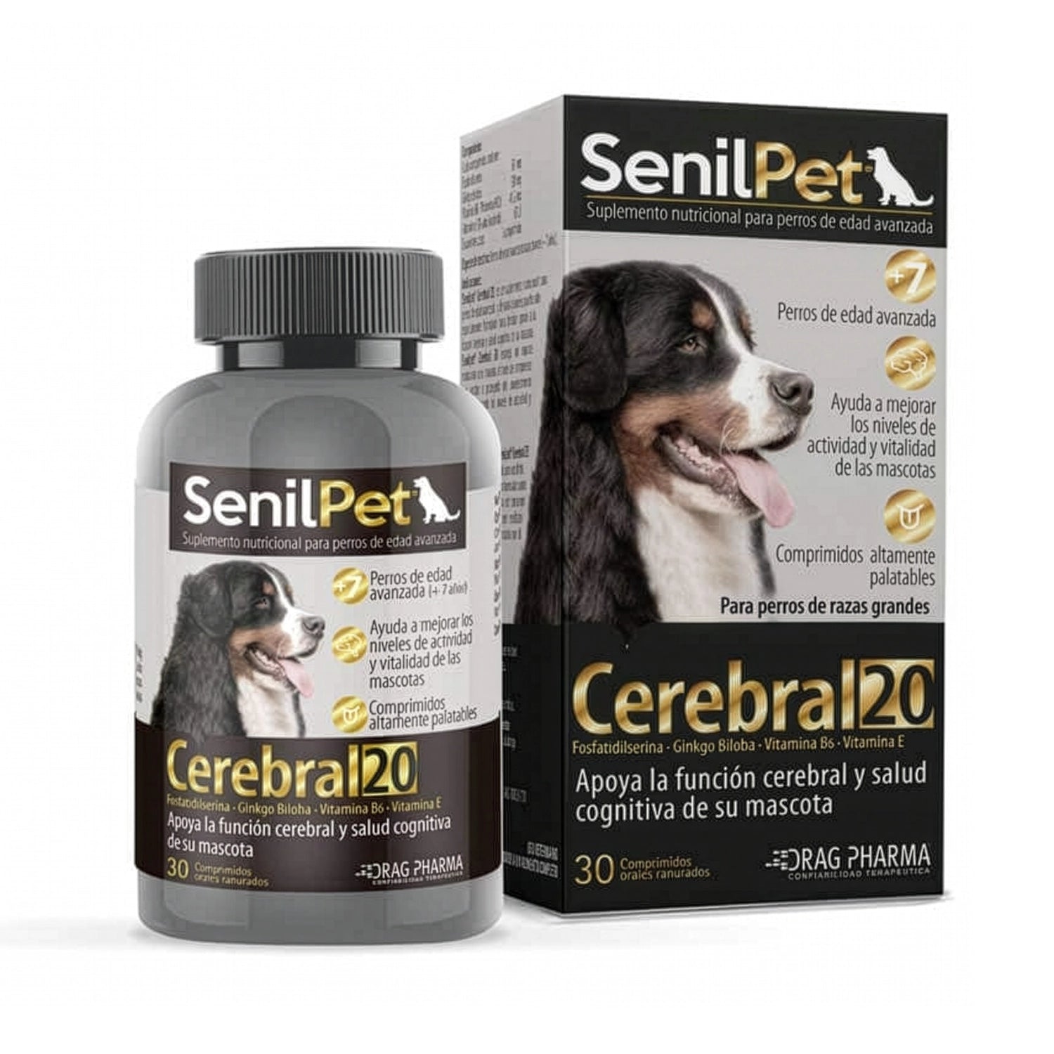Envase de Senilpet Cerebral 20 Razas grandes Drag Pharma suplemento para perros mayores con vitaminas y ginkgo.