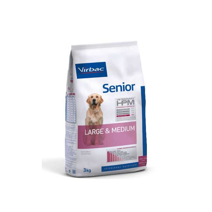 Perro Senior Large & Medium Virbac HPM alimento seco, bolsa blanca con franja rosada y perro, para razas medianas y grandes.