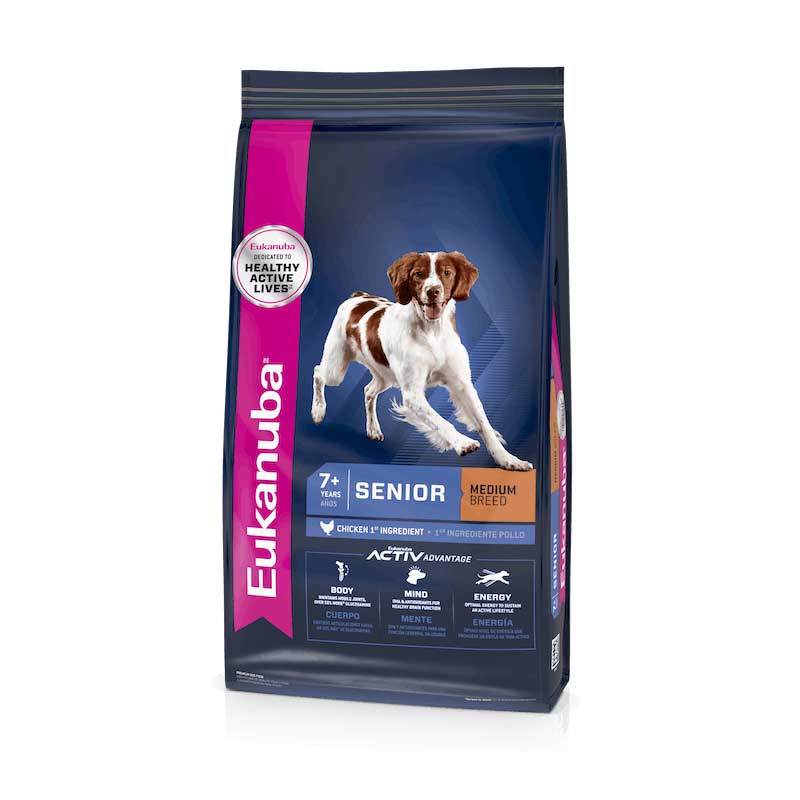 Eukanuba Perro Senior Razas Medianas alimento seco en bolsa azul con franja rosada, perro mediano senior y beneficios nutricionales