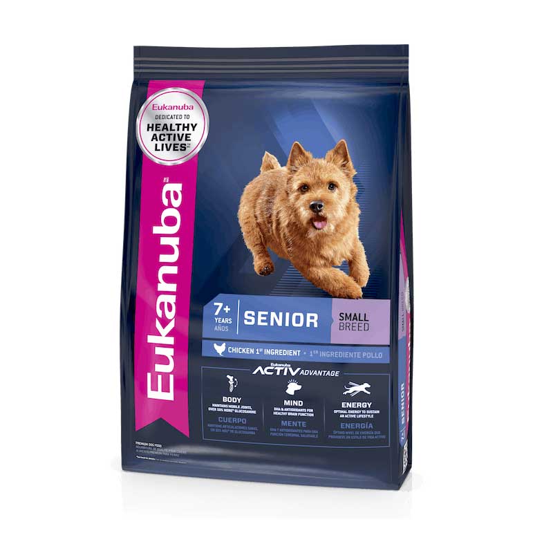 Eukanuba Perro Senior Razas Pequeñas alimento seco en bolsa azul con franja rosada, perro pequeño senior y beneficios nutricionales