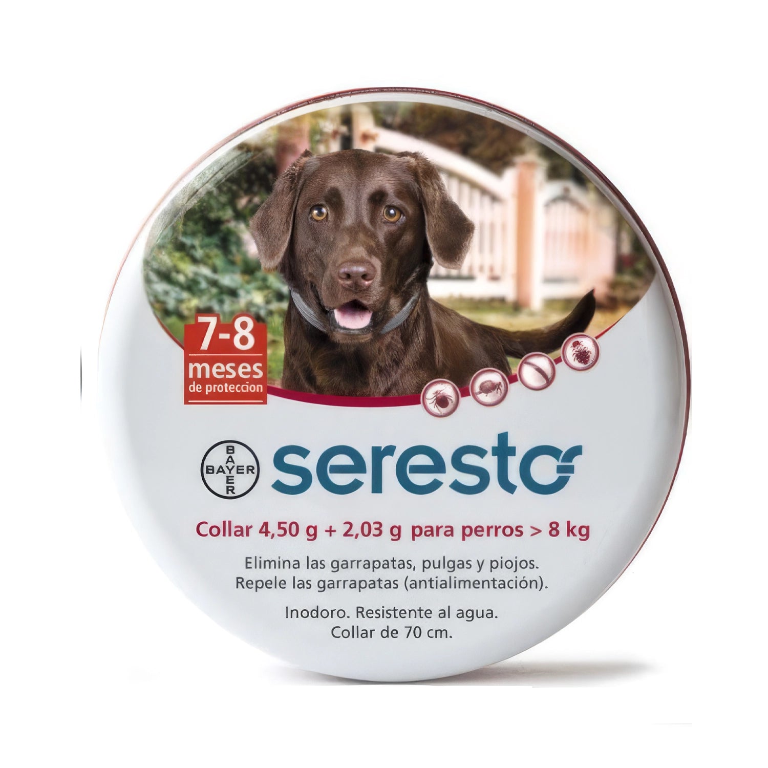 Collar Antiparasitario Seresto Bayer para perros desde 8 kg, protección contra pulgas y garrapatas por 8 meses.