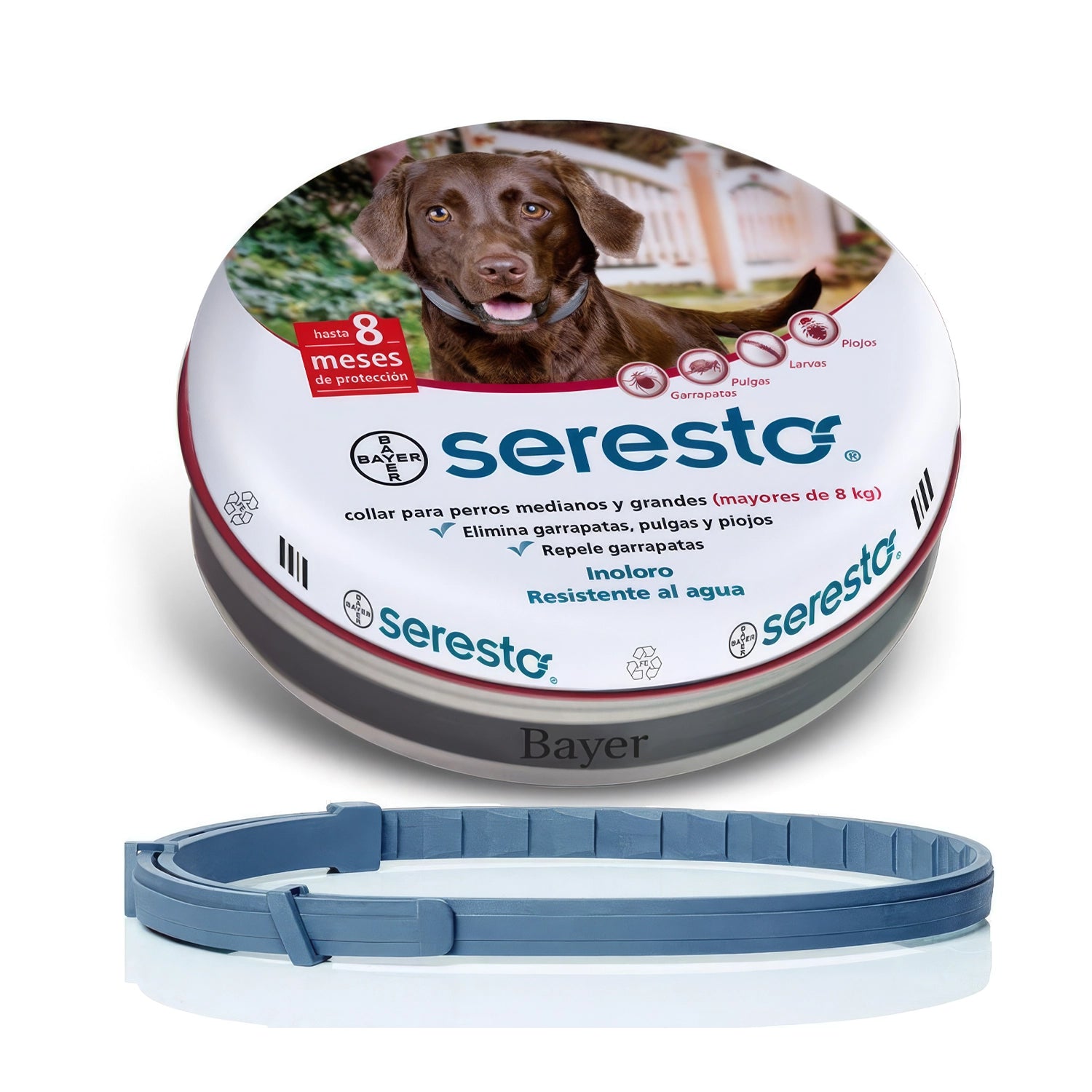 Collar Antiparasitario Seresto Bayer para perros desde 8 kg, protección contra pulgas y garrapatas por 8 meses.