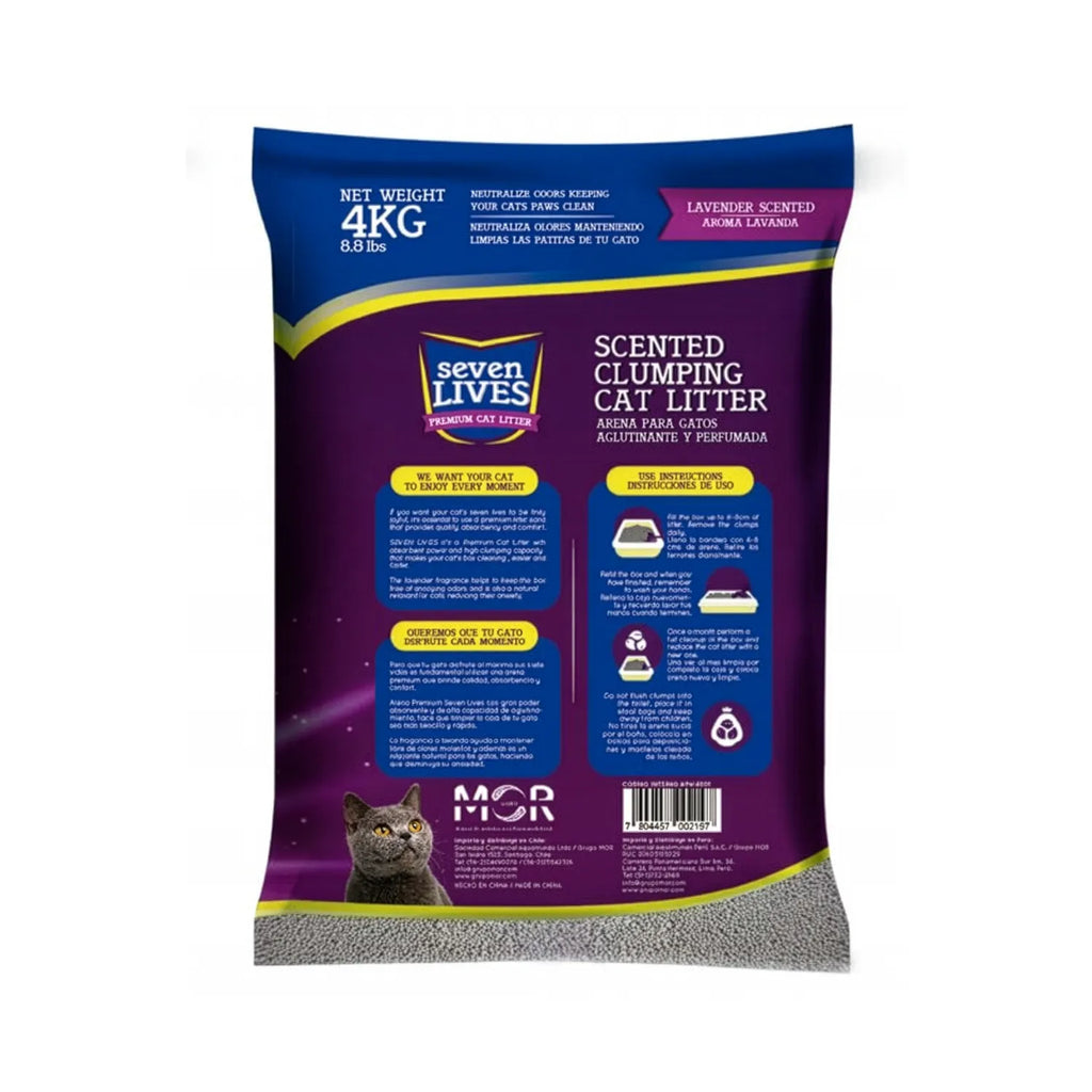 Seven Lives Arena Sanitaria Perfumada, bolsa morada de arena para gatos con imagen de gato gris y sello de alta absorción 4 kg