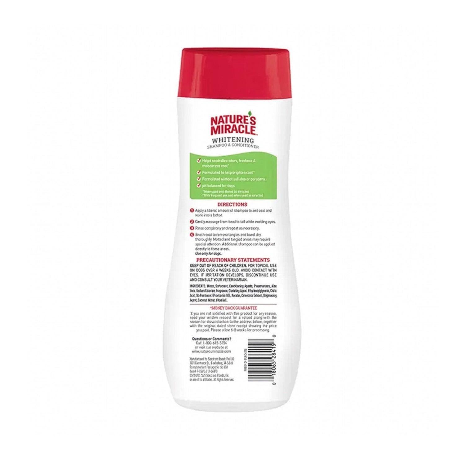 Nature's Miracle Shampoo Aclarante y Control de Olores en botella con tapa roja, ayuda a realzar pelajes claros y neutralizar malos olores.
