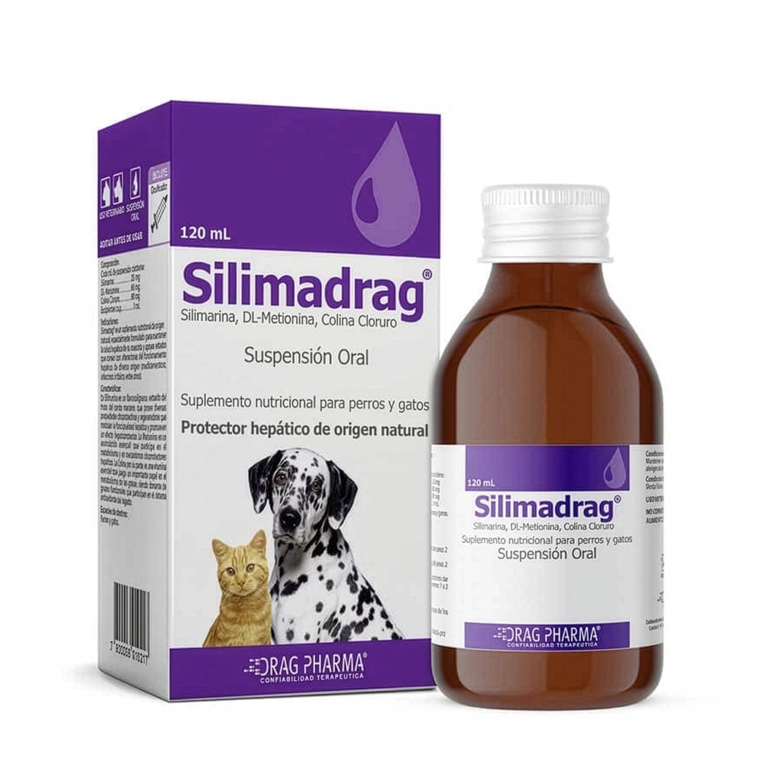 Envase de Silimadrag suplemento hepático natural para mascotas, presentación oral de 120 mL con perro y gato.