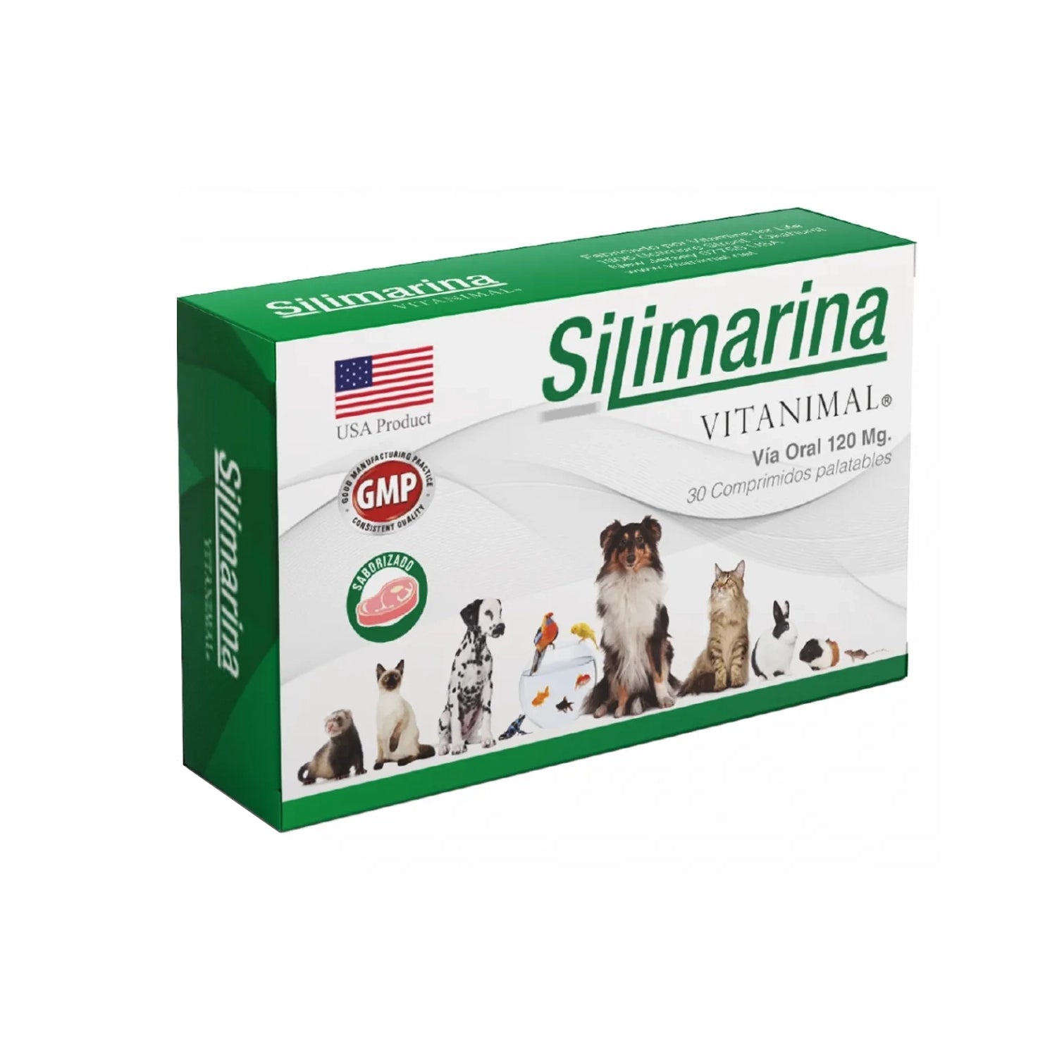 Suplemento Silimavet Silimarina para Perros y Gatos en caja verde y blanca con comprimidos palatables veterinarios.