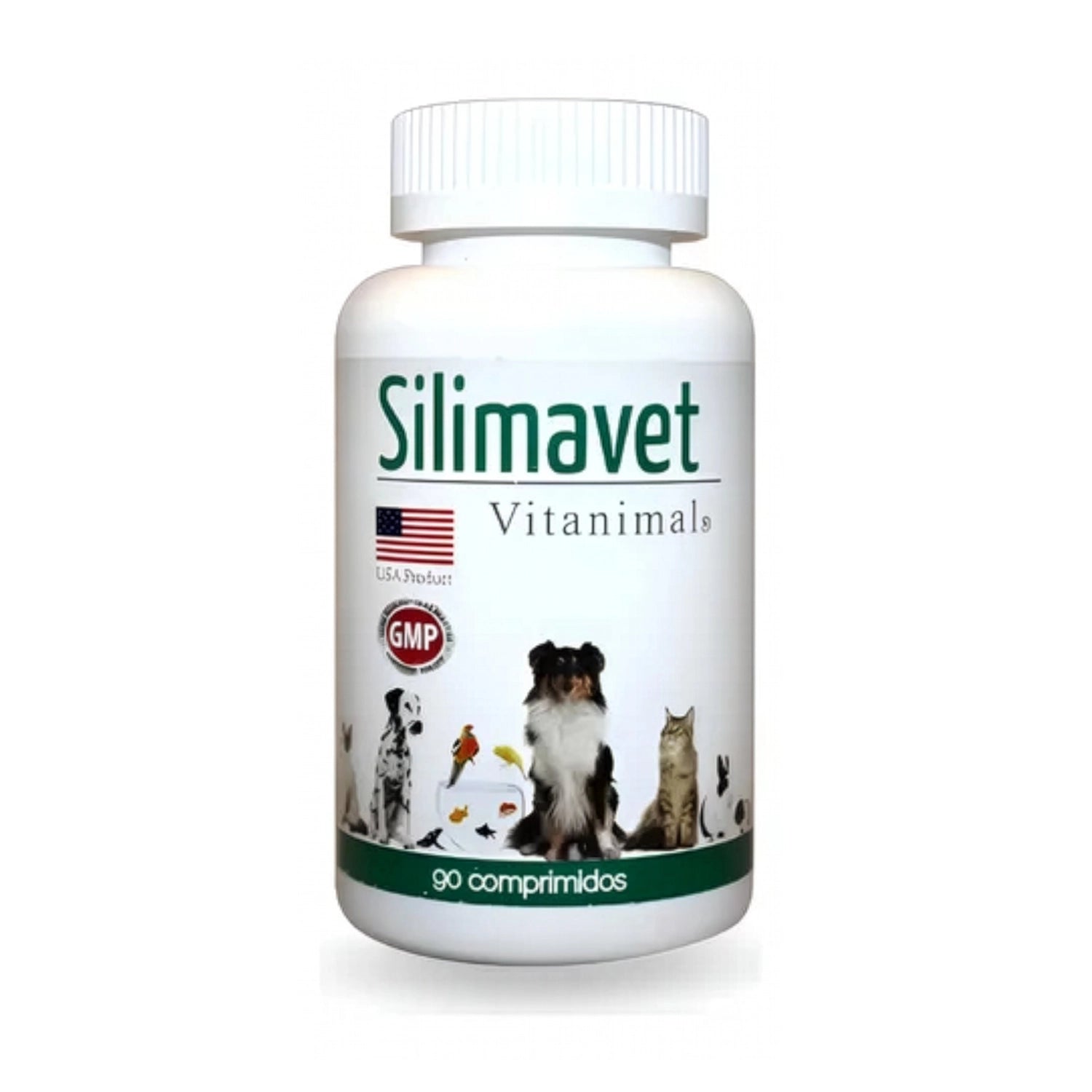 Suplemento Silimavet Silimarina para Perros y Gatos en frasco verde y blanca con comprimidos palatables veterinarios.