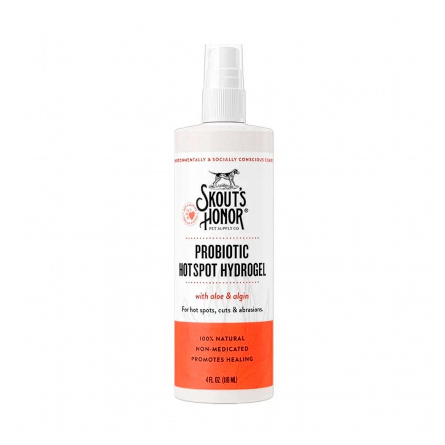 Hidrogel Probiótico Hot Spot Skouts Honor en spray con aloe y algin, ideal para aliviar irritaciones en mascotas.