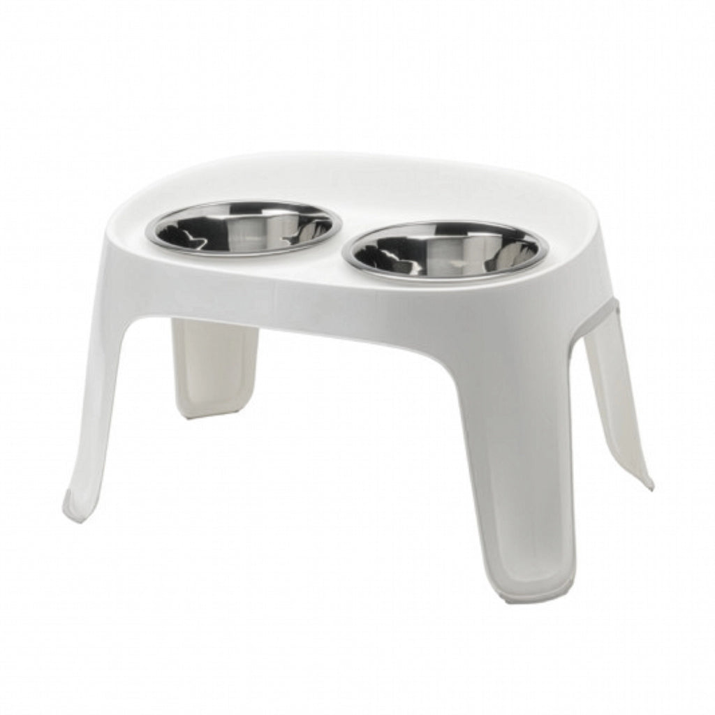 Comedero y Bebedero Elevado Skybar Moderna color blanco, soporte elevado con dos bowls de acero inoxidable para mascotas.