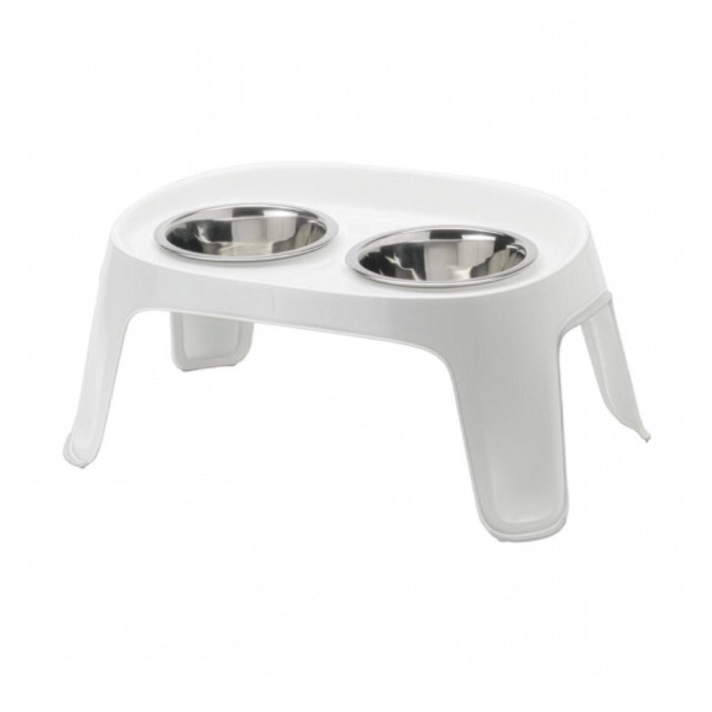 Comedero y Bebedero Elevado Skybar Moderna color blanco, soporte elevado con dos bowls de acero inoxidable para mascotas.
