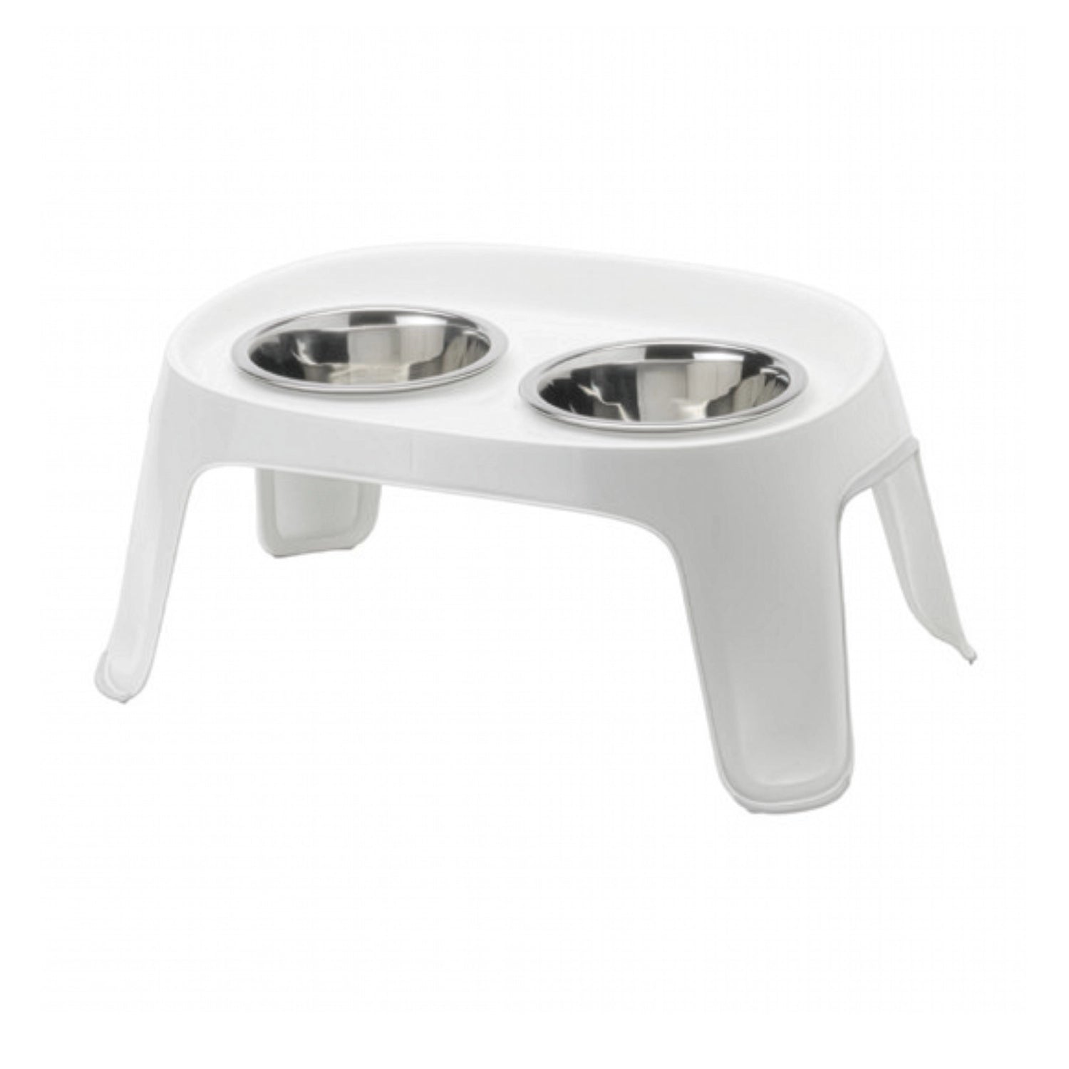 Comedero y Bebedero Elevado Skybar Moderna color blanco, soporte elevado con dos bowls de acero inoxidable para mascotas.