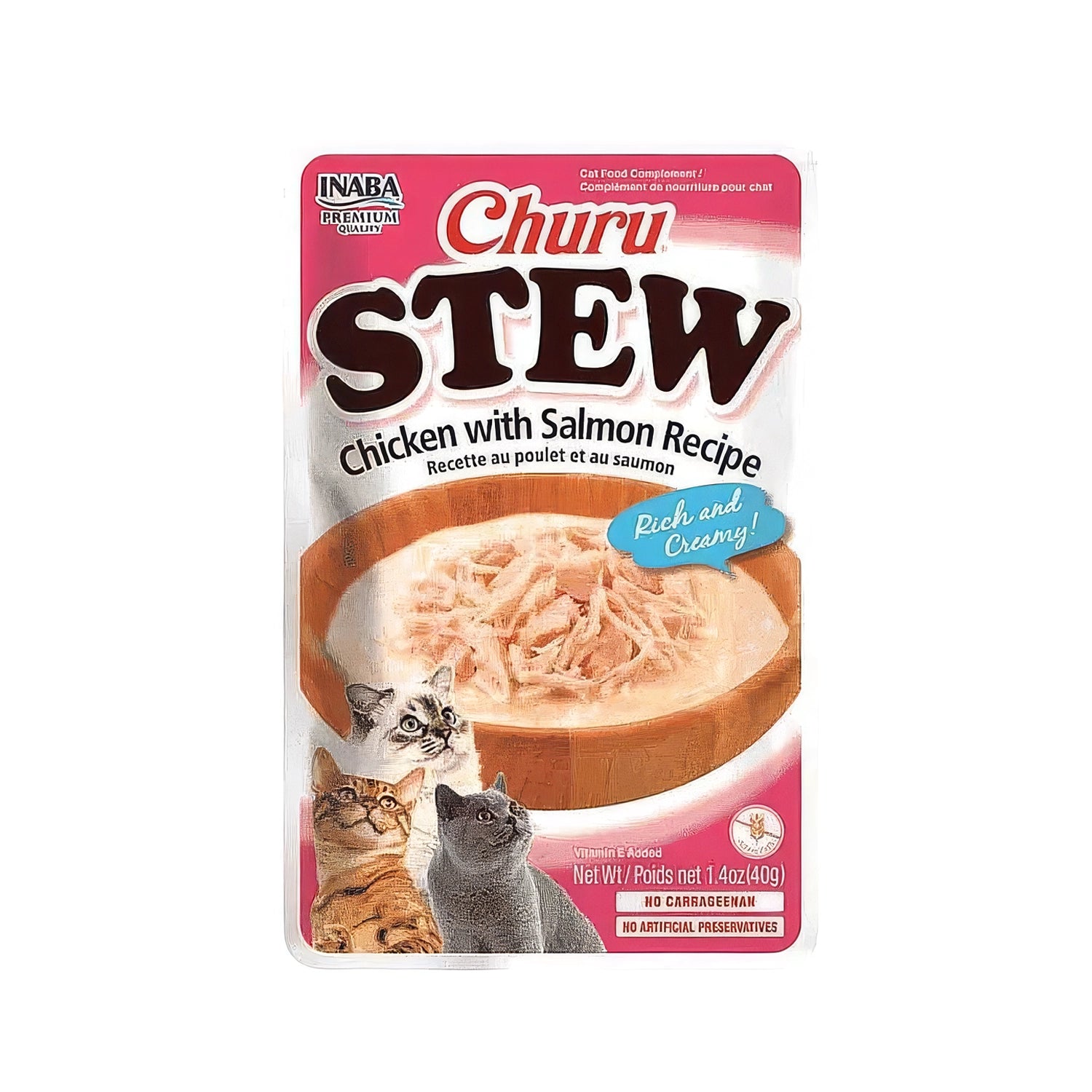 Churu Stew Guiso de Pollo y Salmón en sobre para gatos, con textura cremosa, trozos de pollo y salmón en caldo suave.
