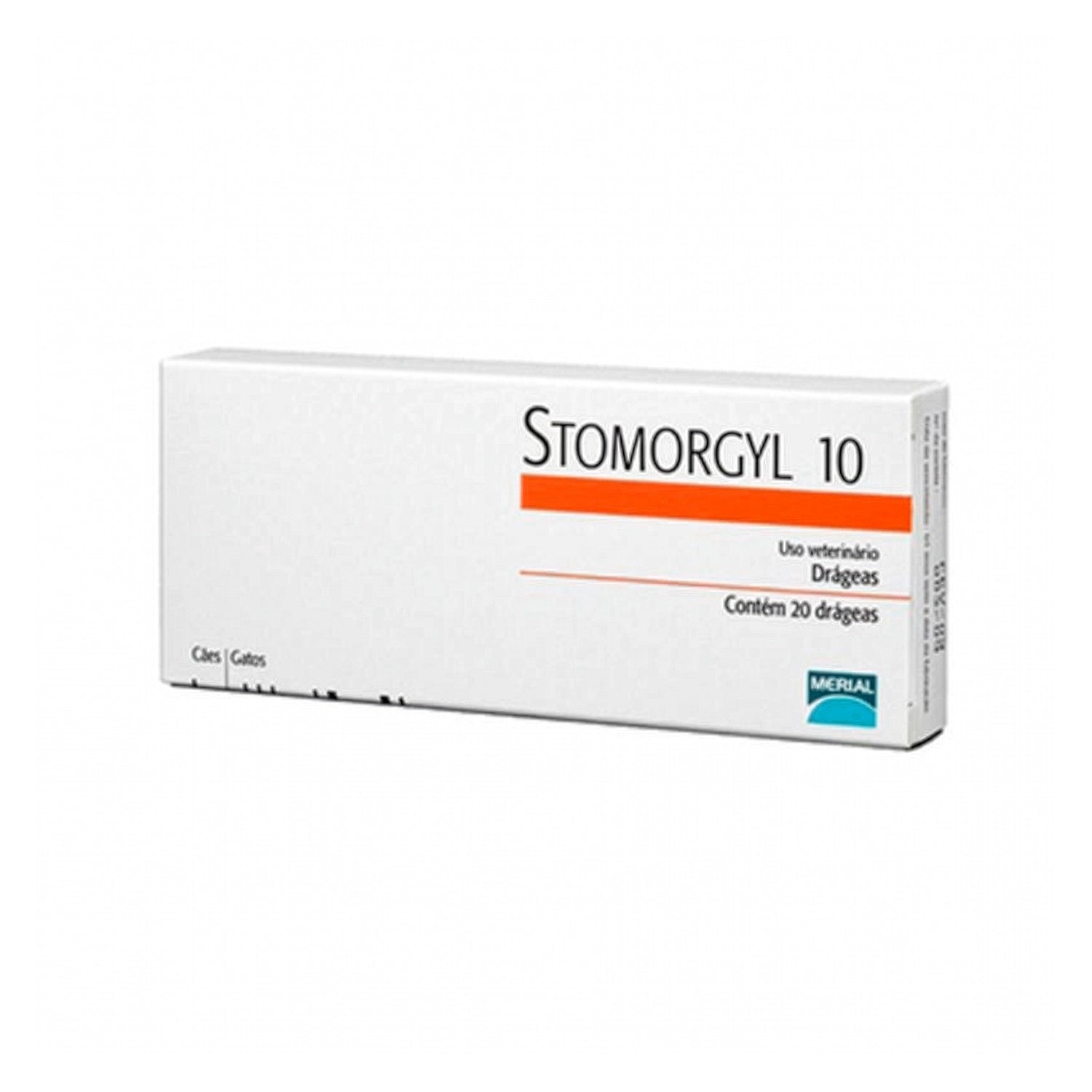 Caja veterinaria Stomorgyl 10 con diseño blanco y línea naranja, presentación oral en grageas para gatos y perros.