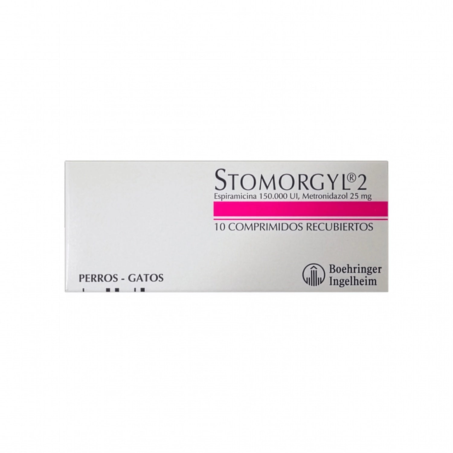 Stomorgyl 2 comprimidos recubiertos para perros y gatos, caja blanca con detalles rosados y logo veterinario.