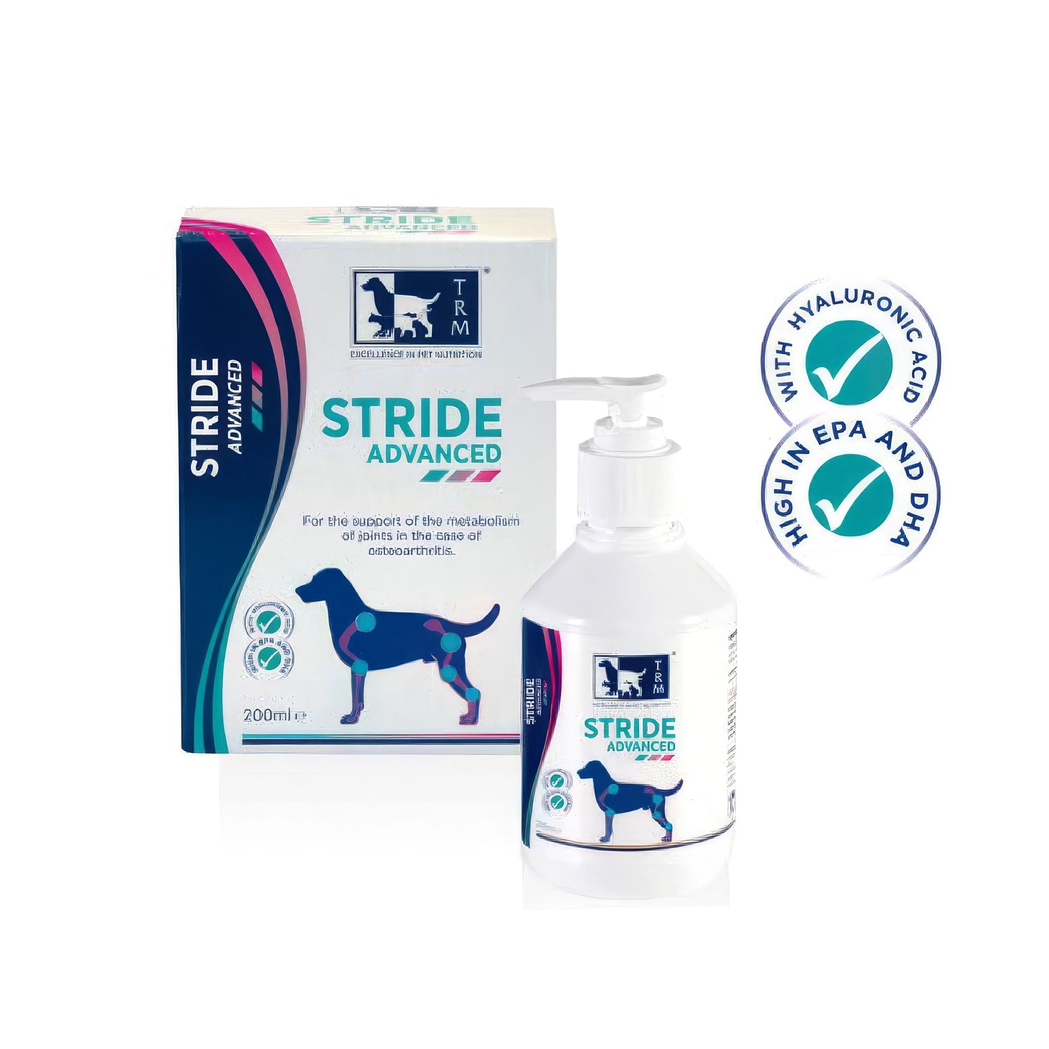 Stride Advanced Perros TRM en caja y frasco dosificador de 200 mL, con ilustración de perro y soporte para articulaciones.
