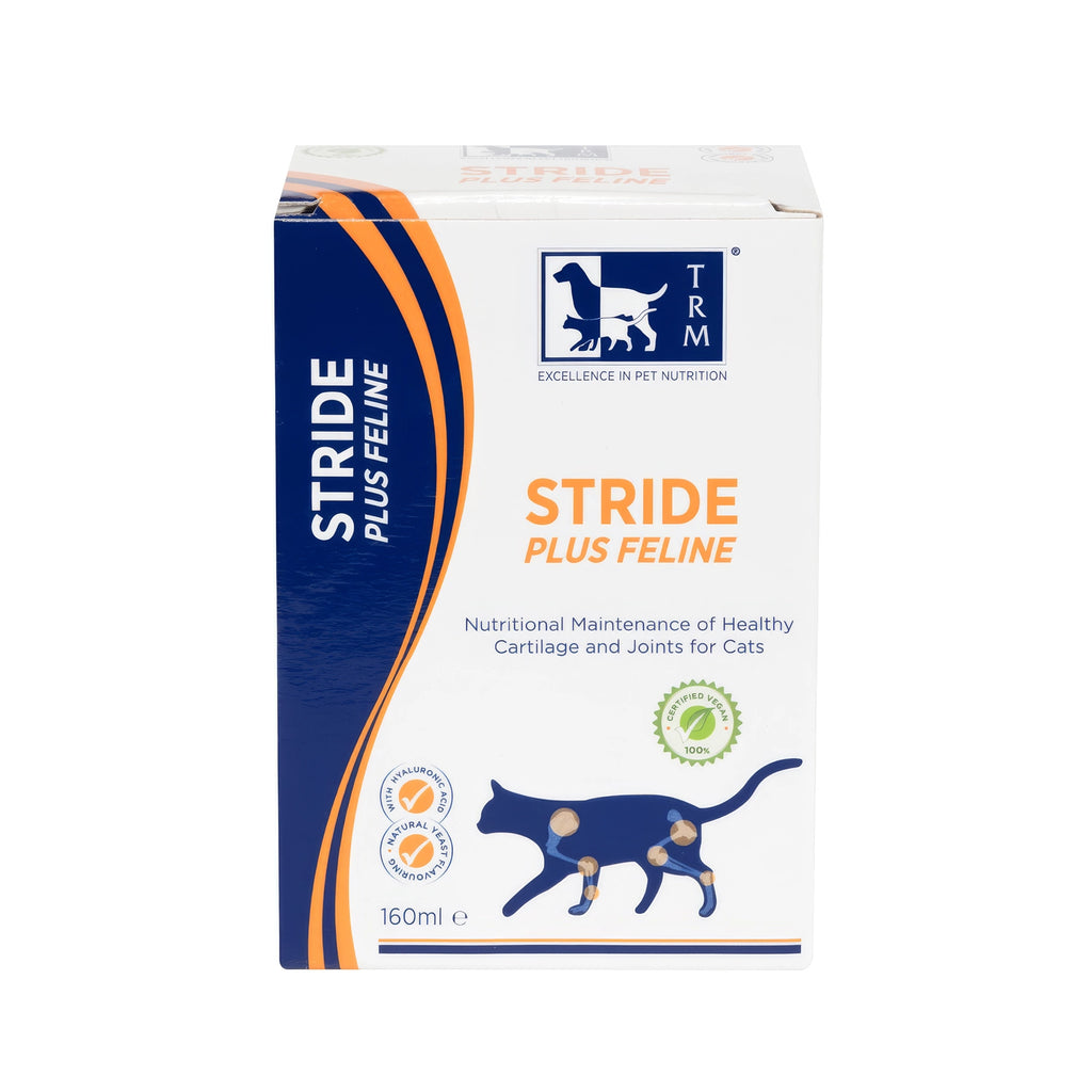 Stride Plus Gatos TRM en caja de 160 mL con ilustración de gato y articulaciones destacadas, apoyo nutricional para movilidad.