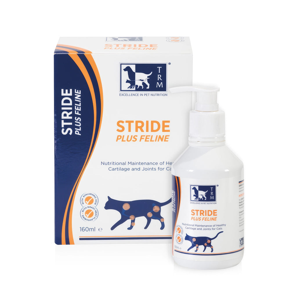 Stride Plus Gatos TRM en caja de 160 mL con ilustración de gato y articulaciones destacadas, apoyo nutricional para movilidad.