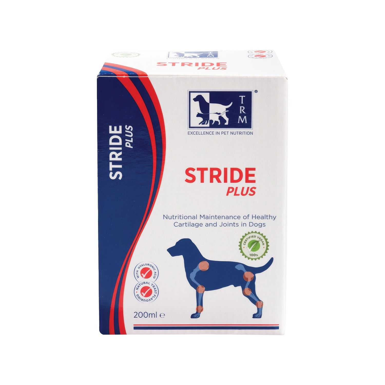 Stride Plus Perros TRM en caja de 200 mL con diseño de perro y articulaciones destacadas, suplemento nutricional para movilidad.