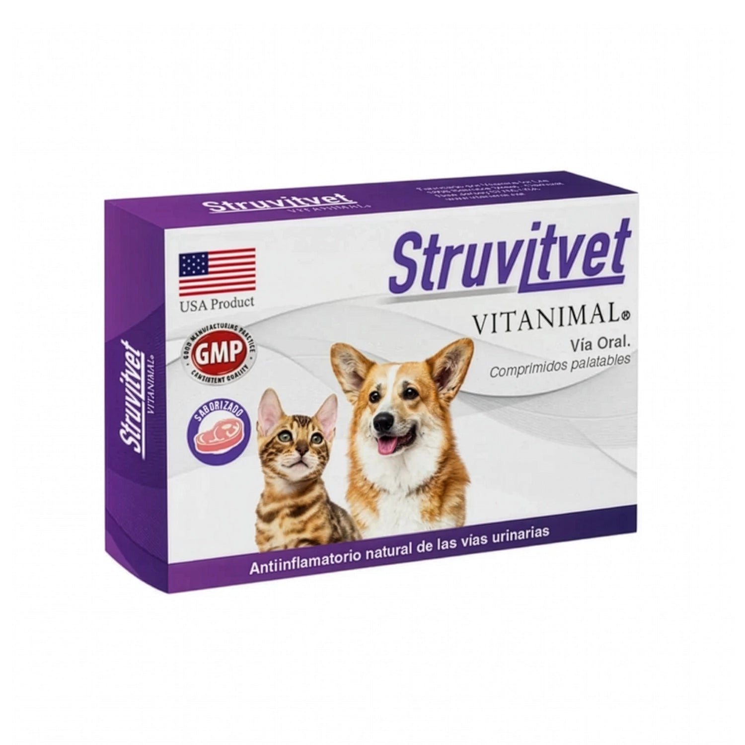 Caja Struvitvet Vitanimal para perros y gatos, suplemento urinario con diseño morado e imágenes de mascota.