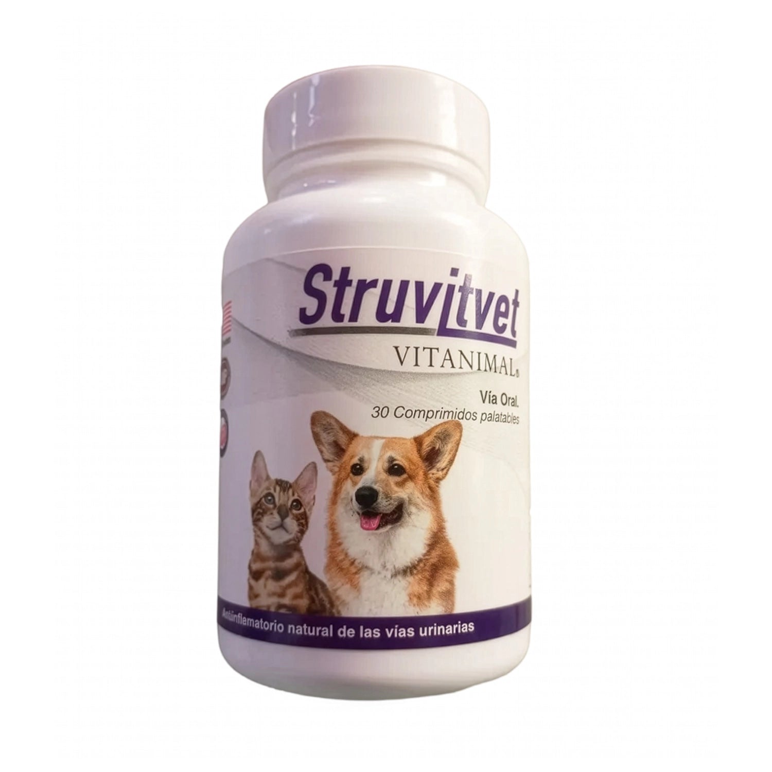 Struvitvet para Perros y Gatos 30 Comprimidos en frasco veterinario para apoyo de las vías urinarias.