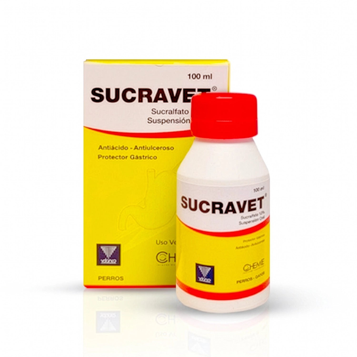 Sucravet Suspensión Oral 100 mL para perros, protector gástrico y antiulceroso con frasco y caja amarilla.