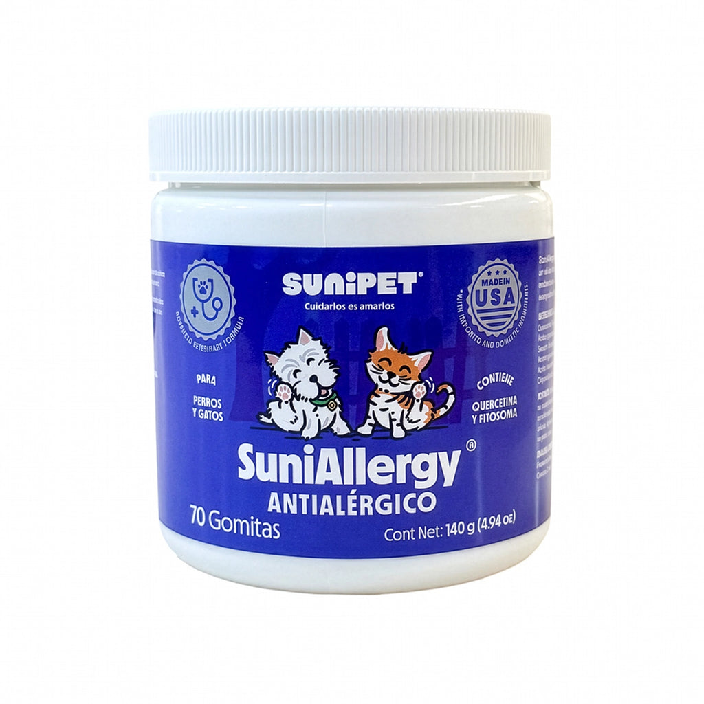 SuniAllergy Suplemento para Alergias y Sistema Inmune en envase azul con diseño de perro y gato felices.
