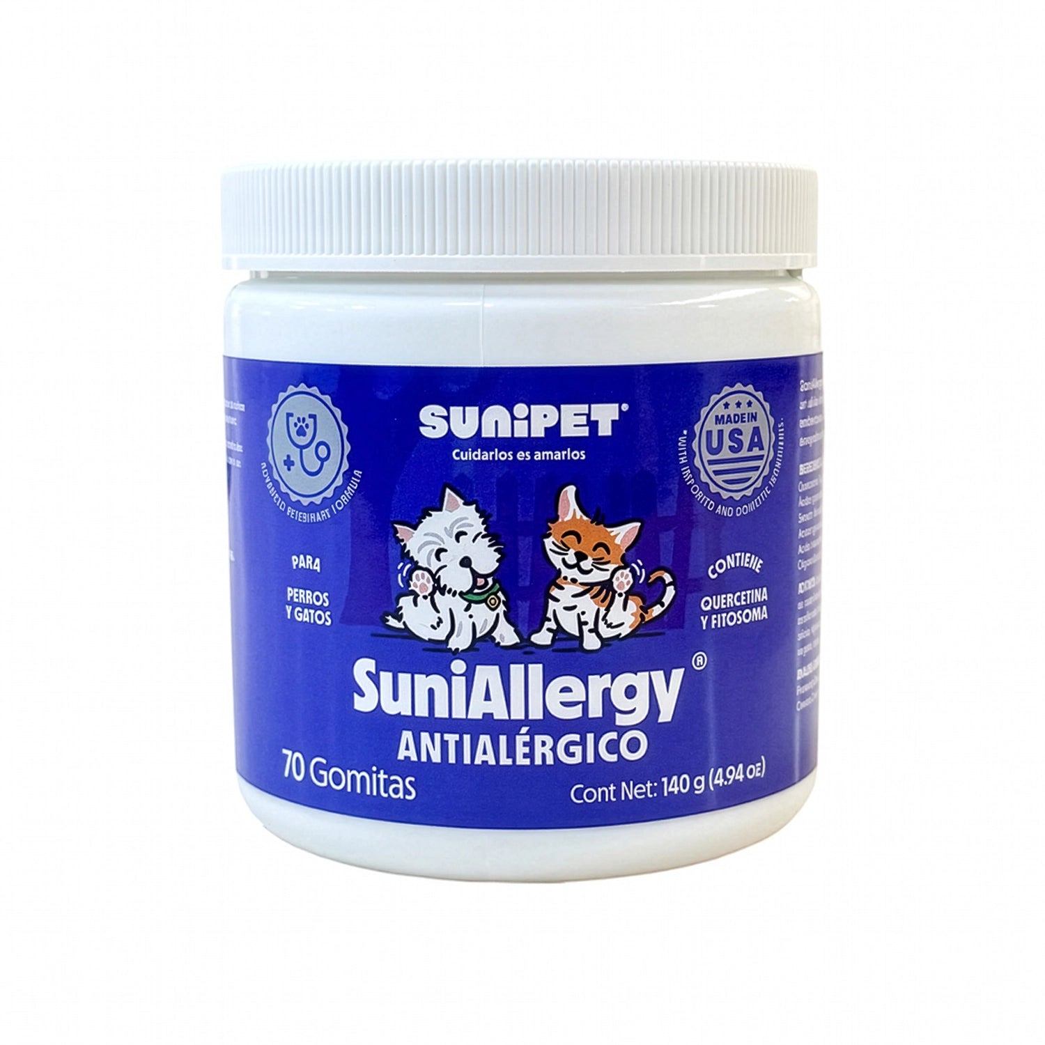 SuniAllergy Suplemento para Alergias y Sistema Inmune en envase azul con diseño de perro y gato felices.