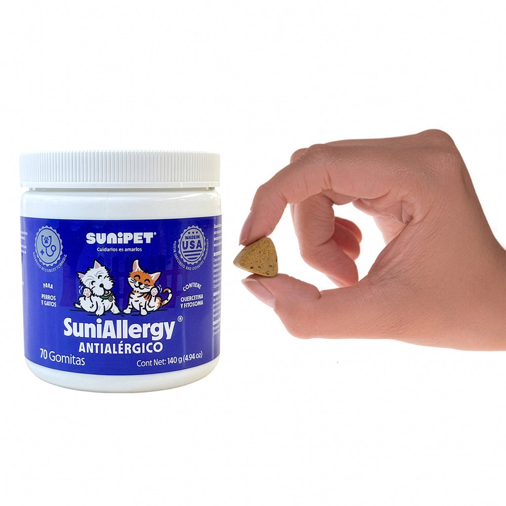 SuniAllergy Suplemento para Alergias y Sistema Inmune en envase azul con diseño de perro y gato felices.