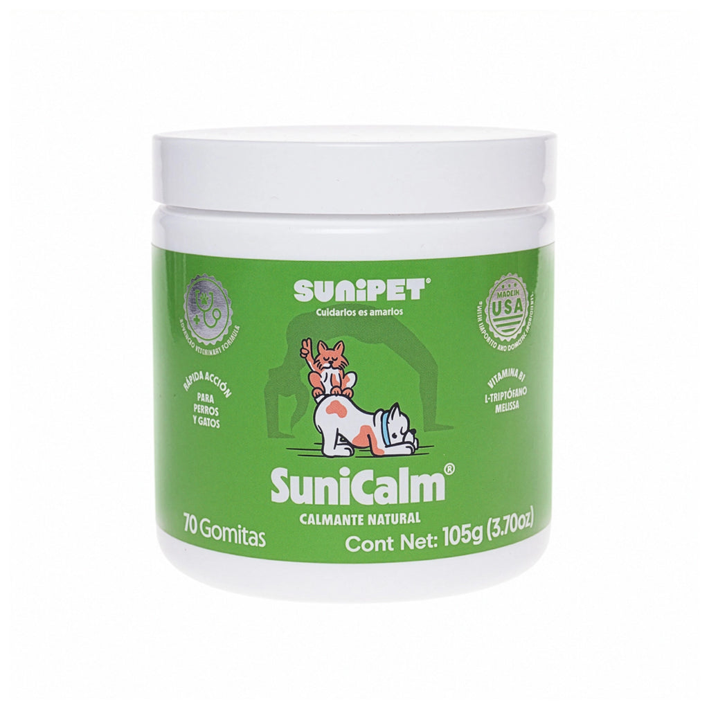 SuniCalm Suplemento alimenticio anti estrés para perros y gatos en gomitas calmantes con ingredientes naturales.