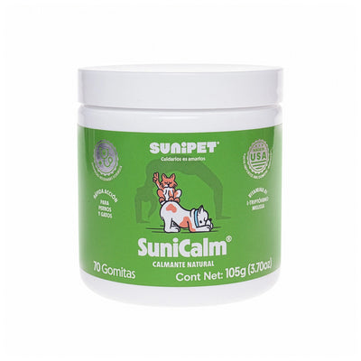 SuniCalm Suplemento alimenticio anti estrés para perros y gatos en gomitas calmantes con ingredientes naturales.