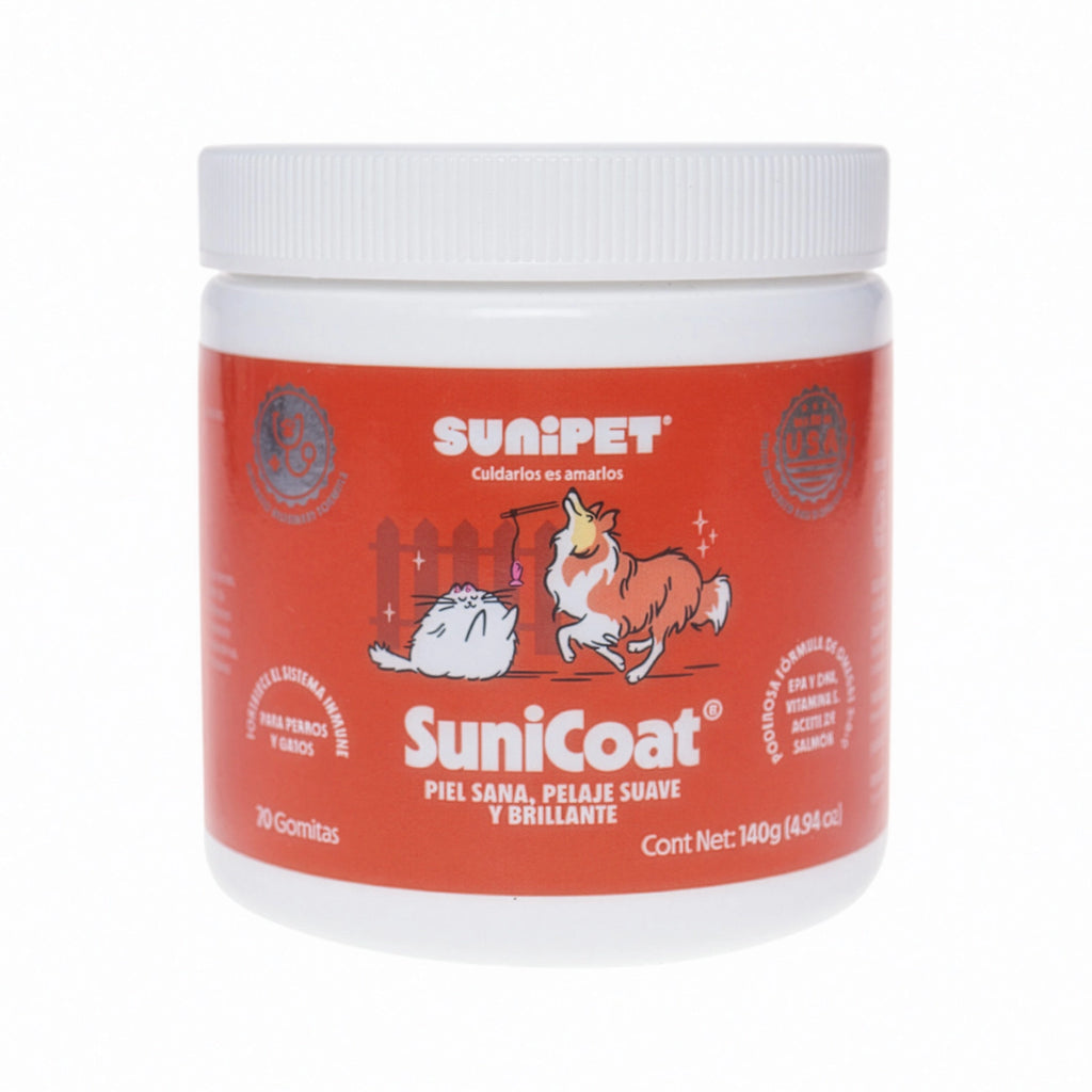 SuniCoat Suplemento Alimenticio para Piel y Pelaje en envase con gomitas para perros y gatos de piel saludable.