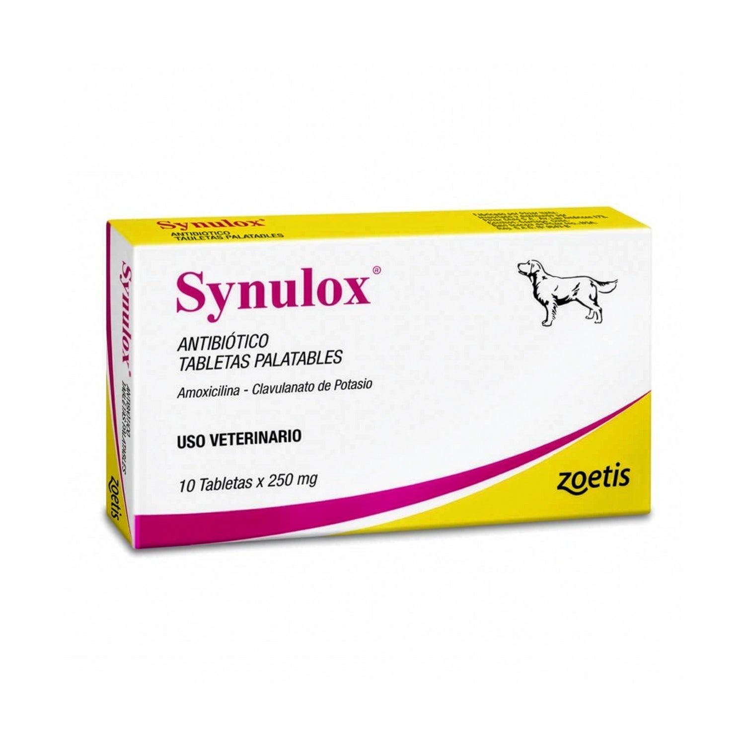 Synulox 250 mg - 10 tabletas antibiótico veterinario en caja blanca, amarilla y rosada para tratamiento canino.