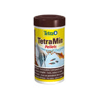 TetraMin Pellets 250 ml en envase original con alimento en pellets para peces tropicales, nutrición completa y fácil dosificación.