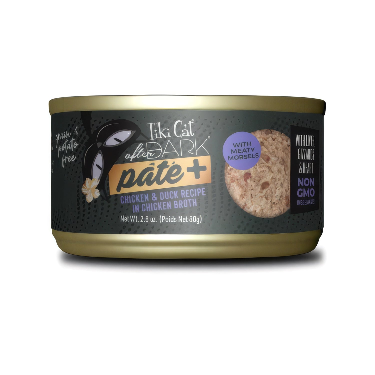 Tiki Cat Lata After Dark Pate+ Pollo y Pato para Gatos, alimento húmedo tipo paté con trozos de carne y caldo de pollo.