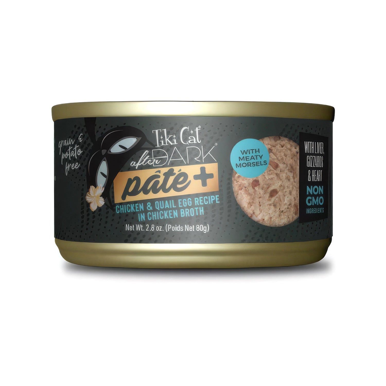 Tiki Cat Lata After Dark Pate+ Pollo y Huevos de Codorniz para Gatos, paté húmedo con trozos de carne en caldo de pollo.