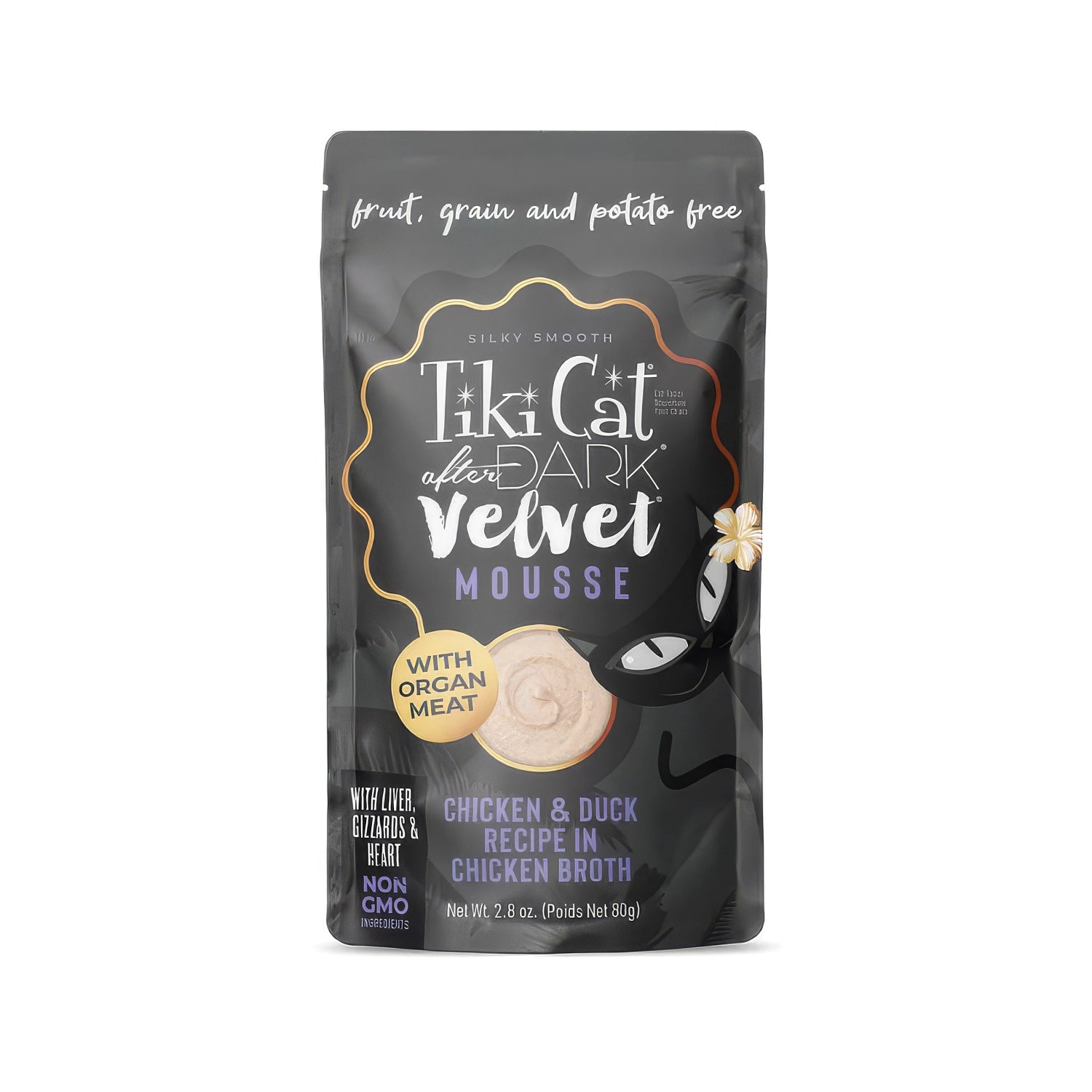 Tiki Cat Pouch After Dark Velvet Mousse Pollo y Pato para Gatos con mousse suave de pollo y pato en caldo, formato pouch.