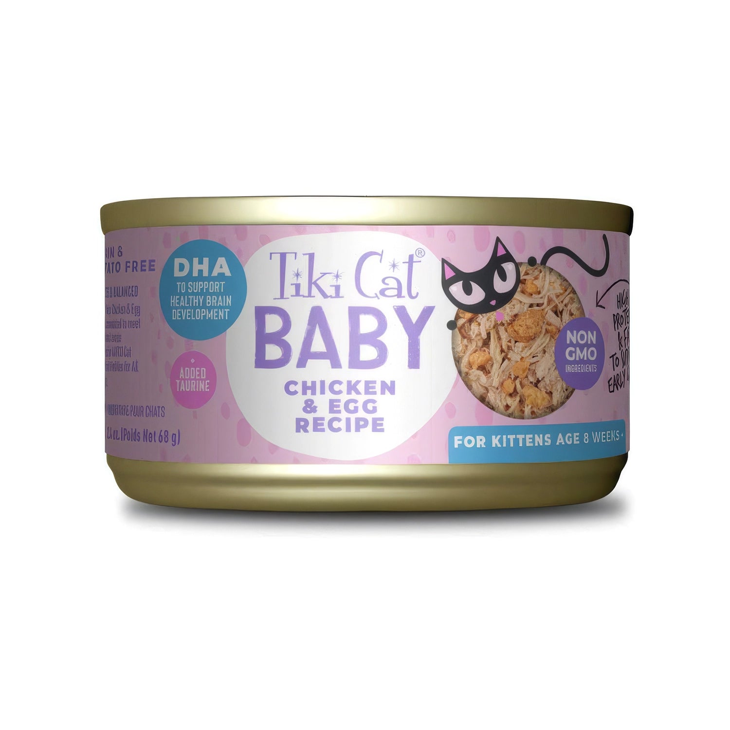 Tiki Cat Lata Whole Foods Pollo y Huevos para Gatitos, alimento húmedo con pollo desmenuzado y huevo para gatitos.