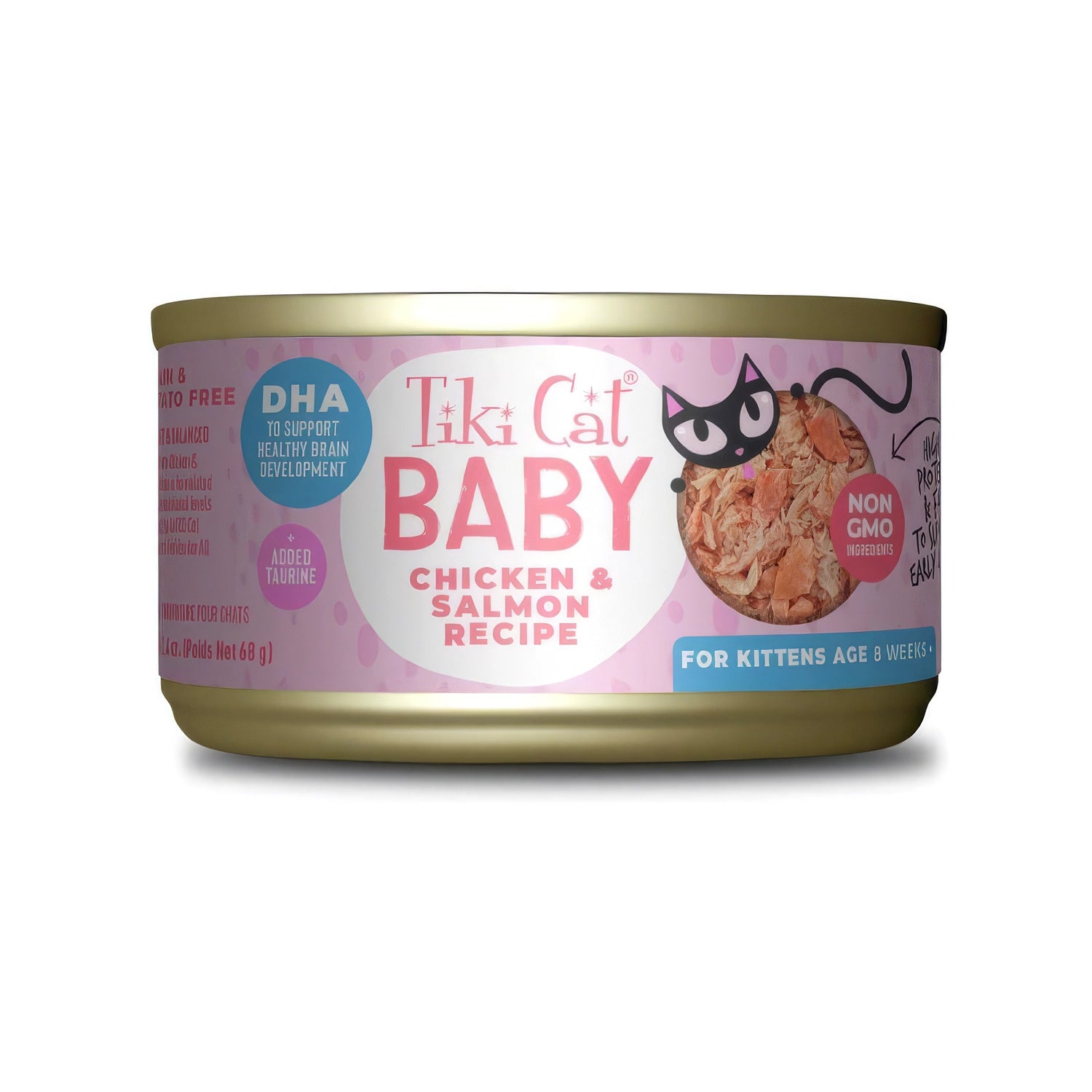 Tiki Cat Lata Whole Foods Pollo y Salmón para Gatitos, alimento húmedo con pollo desmenuzado y salmón para gatitos.