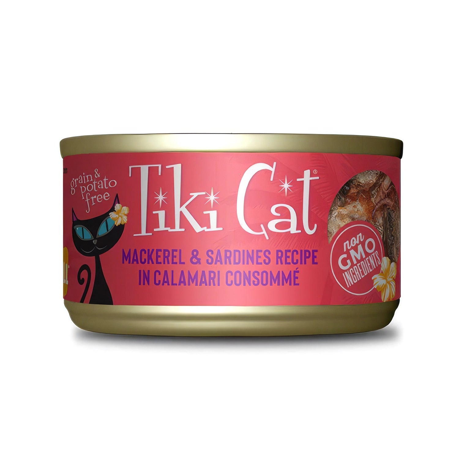 Tiki Cat Lata Makaha Grill Jurel y Sardina para Gatos con receta de jurel y sardinas en consomé de calamar, alimento húmedo.