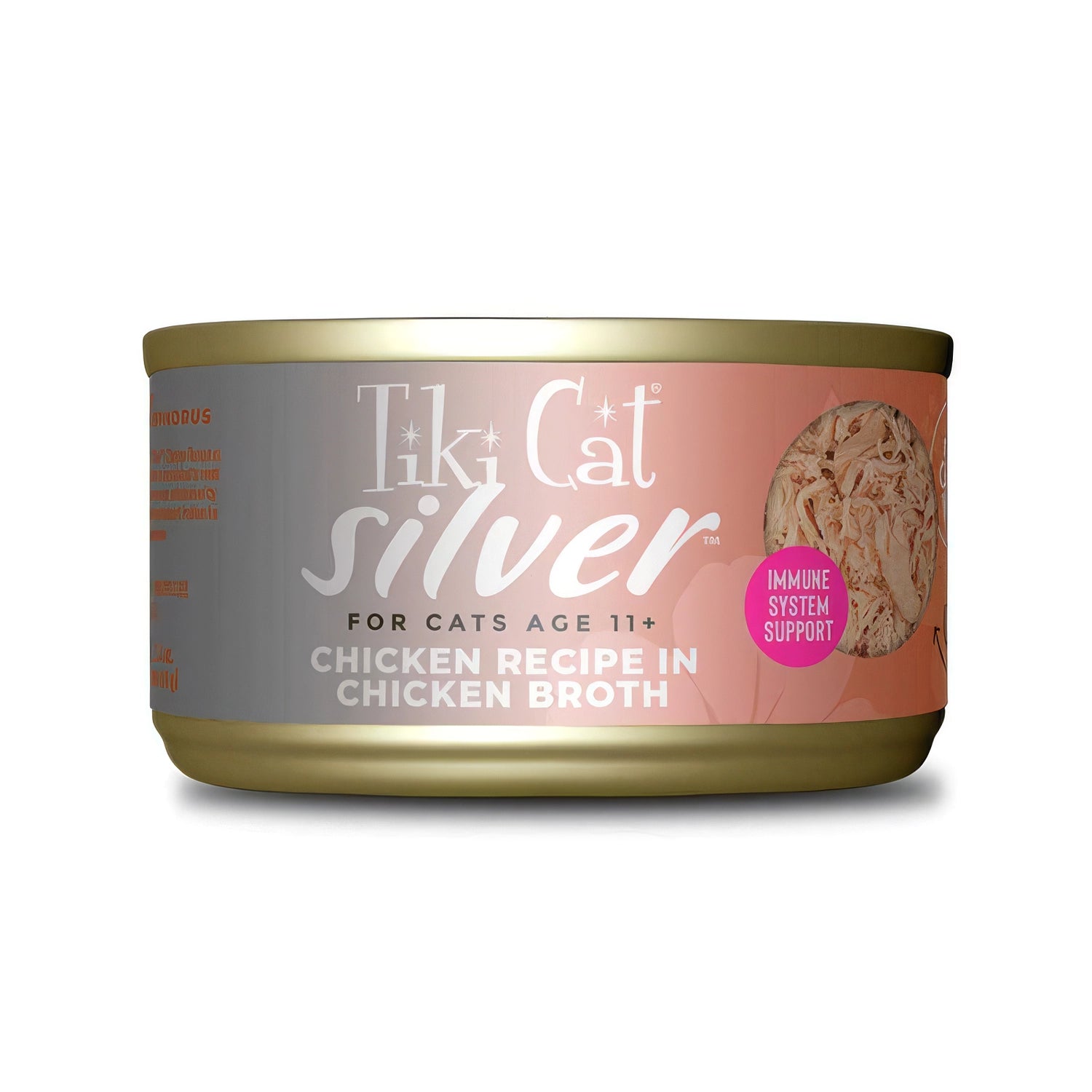 Tiki Cat Lata Silver Pollo para Gatos con receta de pollo en caldo, alimento húmedo para gatos senior mayores de 11 años.