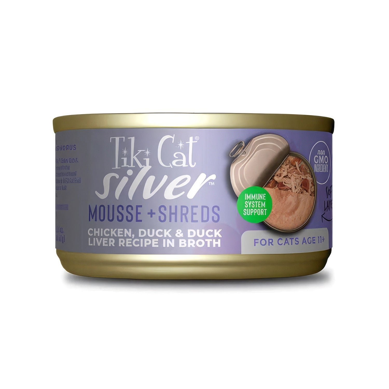 Tiki Cat Lata Silver Pollo, Pato e Hígado de Pato para Gatos con mousse y trozos en caldo, alimento húmedo para gatos senior.