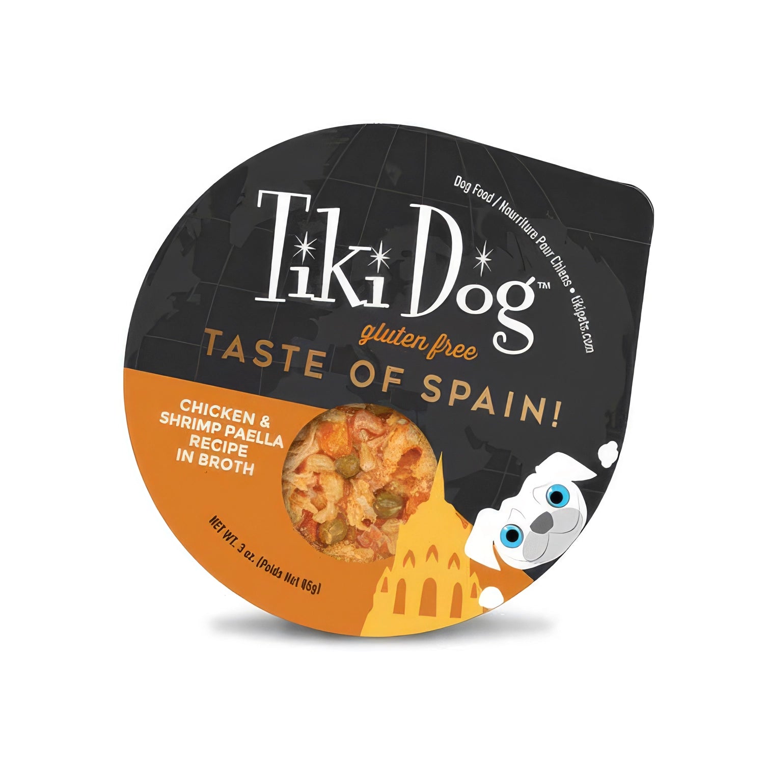 Tiki Dog Taste of Spain Pollo y Paella de Camarones para Perros en bandeja, receta húmeda en caldo con pollo y camarones.