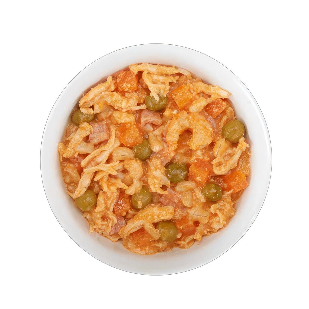 Tiki Dog Taste of Spain Pollo y Paella de Camarones para Perros en bandeja, receta húmeda en caldo con pollo y camarones.